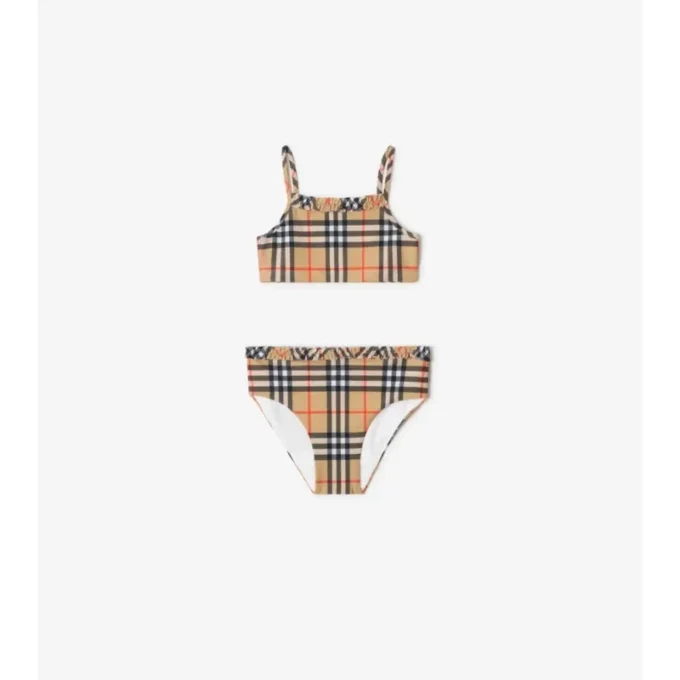 Bikini cu imprimeu în carouri și volane