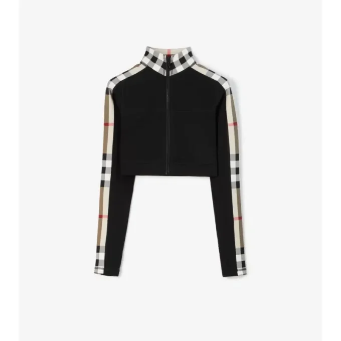 Bluză scurtă din jersey elastic cu fermoar și bordură în carouri Bluză scurtă din jersey elastic cu fermoar și bordură în carouri