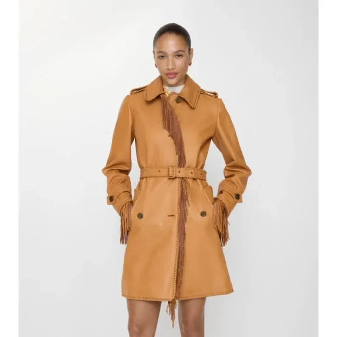 Car Coat scurt din piele cu franjuri