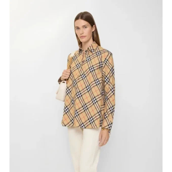 Cămașă din flanel de bumbac cu carouri, croială lejeră Cămașă din flanel de bumbac cu carouri, croială lejeră