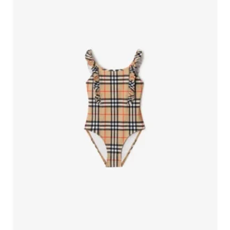 Costum de baie cu imprimeu în carouri și borduri cu volane