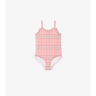 Costum de baie cu imprimeu în carouri și borduri cu volane