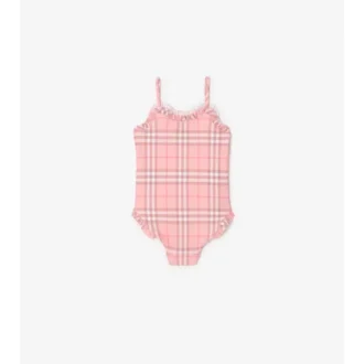 Costum de baie cu imprimeu în carouri și borduri cu volane