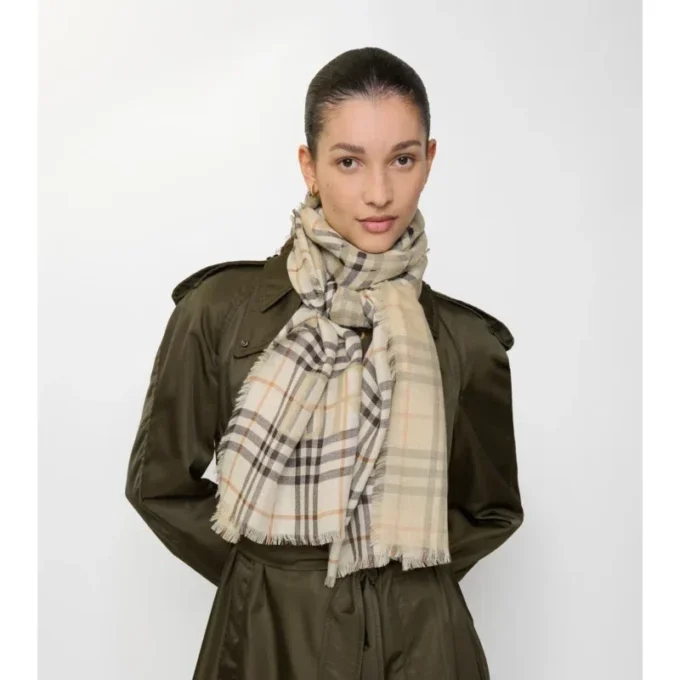 Eșarfă largă din lână și mătase cu model EKD Check Eșarfă largă din lână și mătase cu model EKD Check