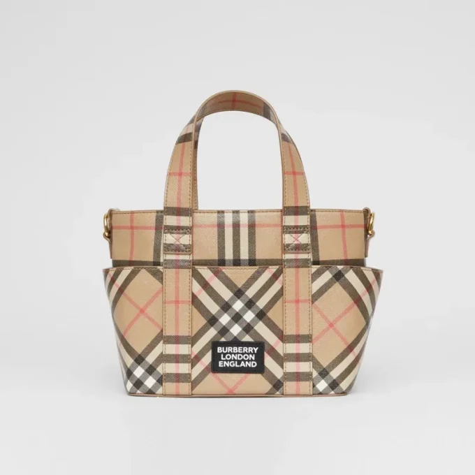 Geantă tote din pânză E-Canvas cu imprimeu Vintage Check și aplicație cu logo Geantă tote din pânză E-Canvas cu imprimeu Vintage Check și aplicație cu logo