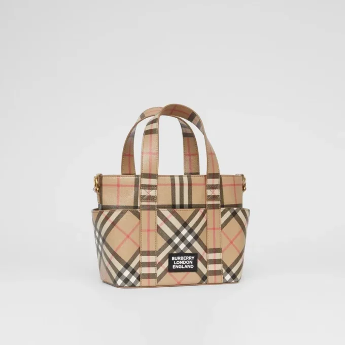 Geantă tote din pânză E-Canvas cu imprimeu Vintage Check și aplicație cu logo Geantă tote din pânză E-Canvas cu imprimeu Vintage Check și aplicație cu logo