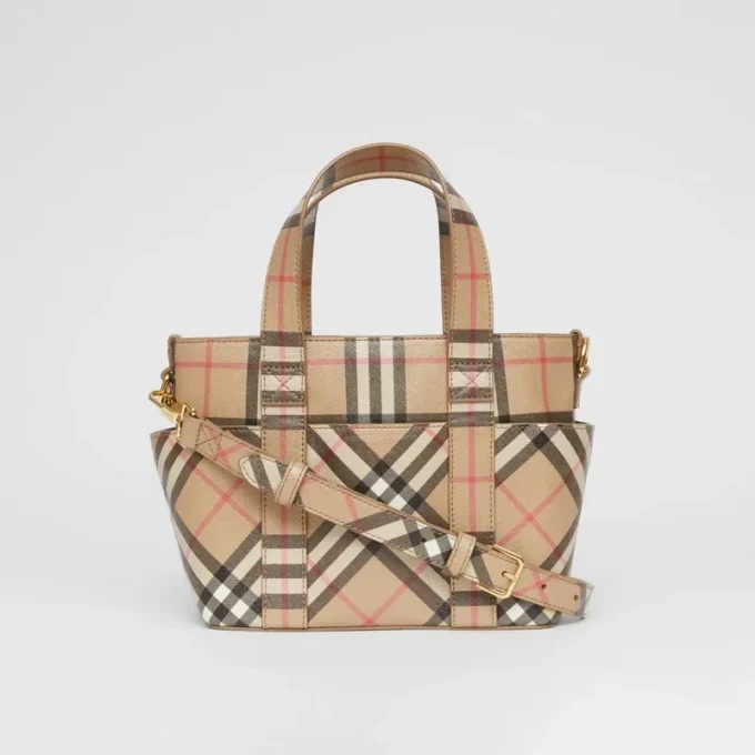 Geantă tote din pânză E-Canvas cu imprimeu Vintage Check și aplicație cu logo Geantă tote din pânză E-Canvas cu imprimeu Vintage Check și aplicație cu logo