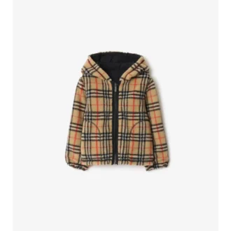 Jachetă reversibilă cu glugă din fleece cu imprimeu în carouri
