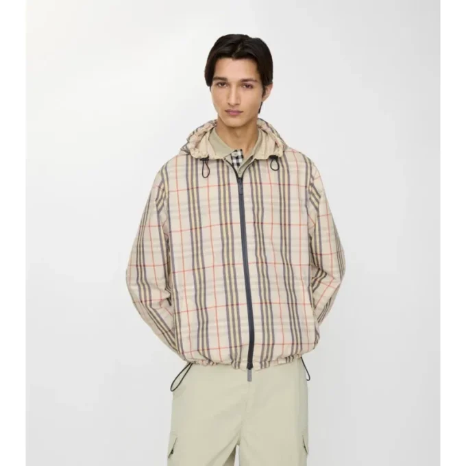 Jachetă reversibilă cu glugă și model în carouri Jachetă reversibilă cu glugă și model în carouri