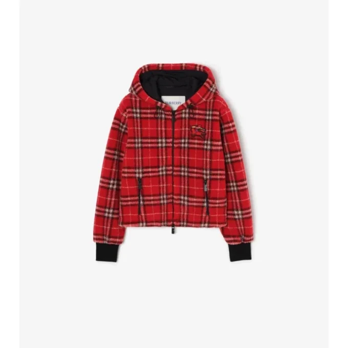 Jachetă scurtă cu glugă din fleece în carouri Jachetă scurtă cu glugă din fleece în carouri
