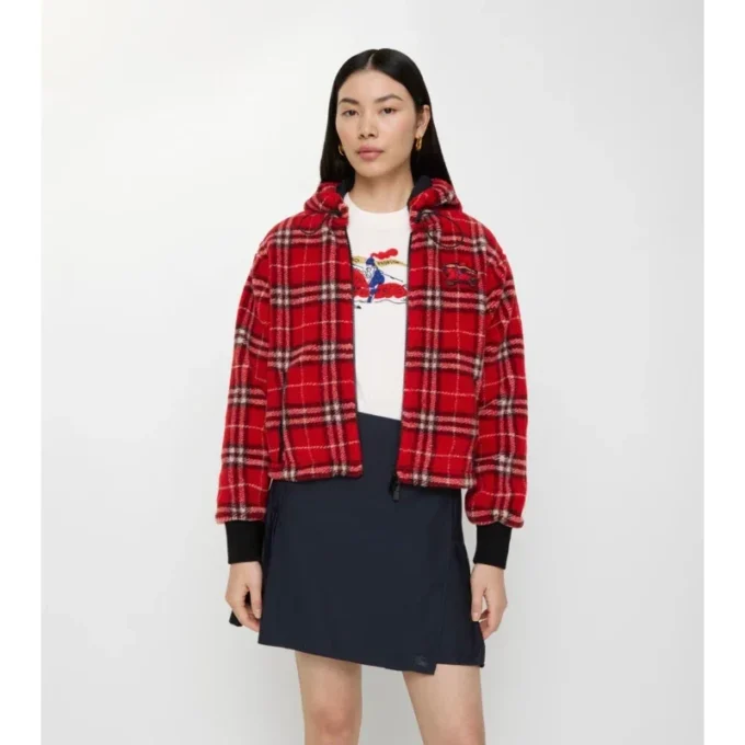 Jachetă scurtă cu glugă din fleece în carouri Jachetă scurtă cu glugă din fleece în carouri
