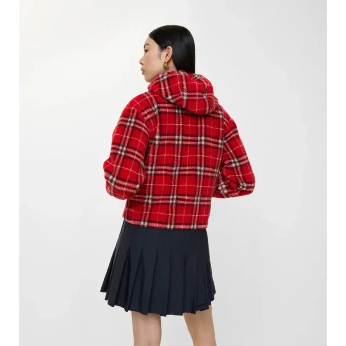 Jachetă scurtă cu glugă din fleece în carouri Jachetă scurtă cu glugă din fleece în carouri
