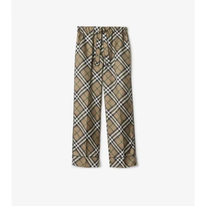 Pantaloni de pijama din mătase cu imprimeu în carouri Pantaloni de pijama din mătase cu imprimeu în carouri