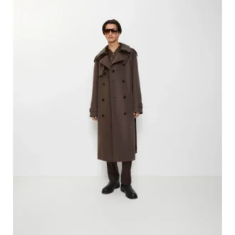 Trench Coat din bumbac și mătase cu guler lung în carouri