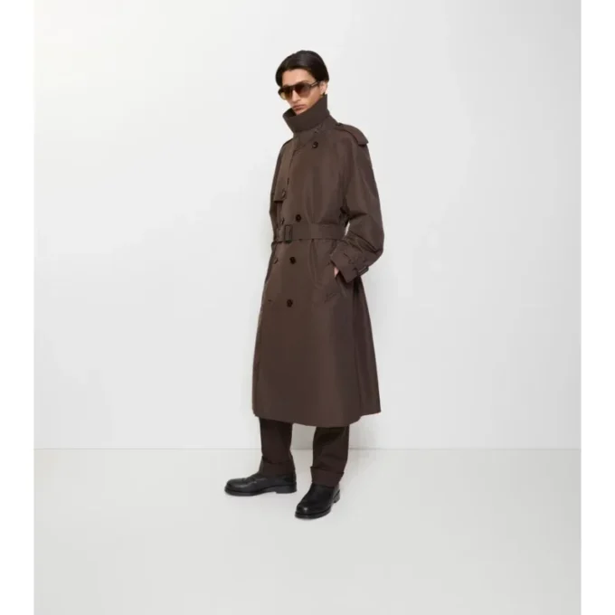 Trench Coat din bumbac și mătase cu guler lung în carouri Trench Coat din bumbac și mătase cu guler lung în carouri