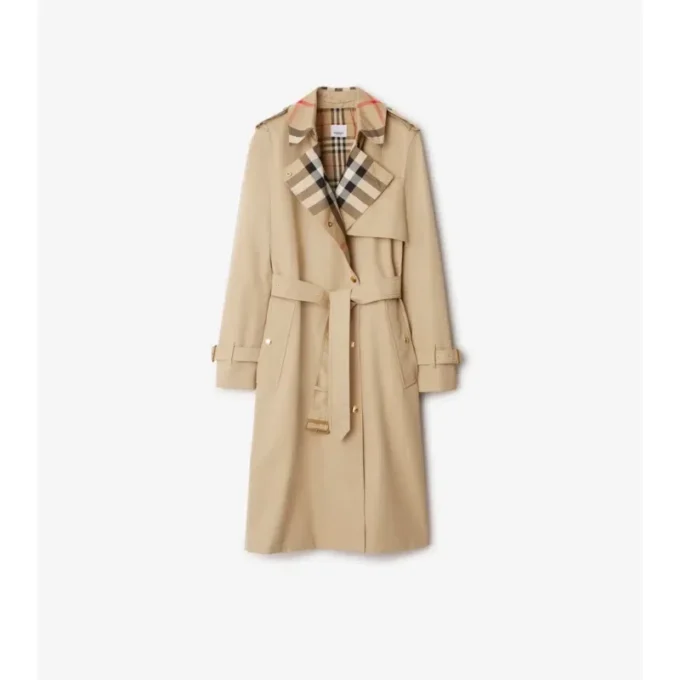 Trench Coat din gabardină cu guler în carouri Trench Coat din gabardină cu guler în carouri