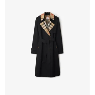 Trench Coat din gabardină cu guler în carouri