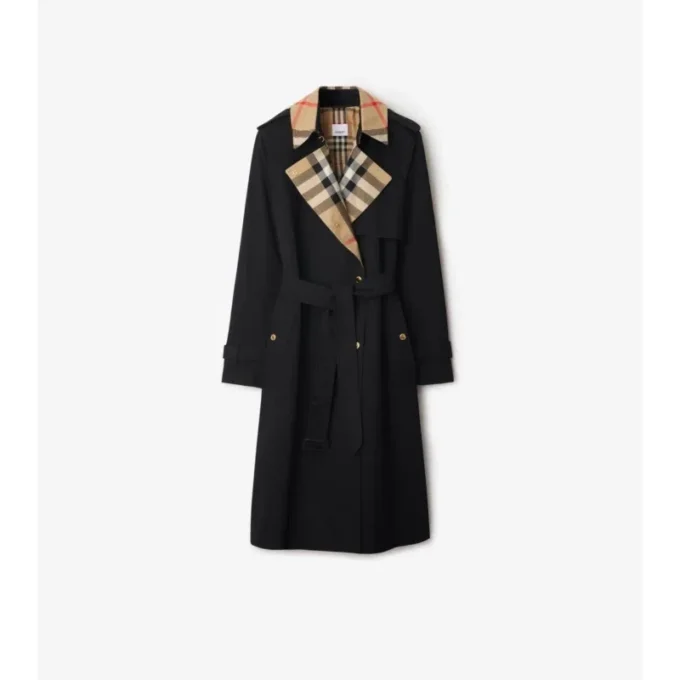 Trench Coat din gabardină cu guler în carouri Trench Coat din gabardină cu guler în carouri