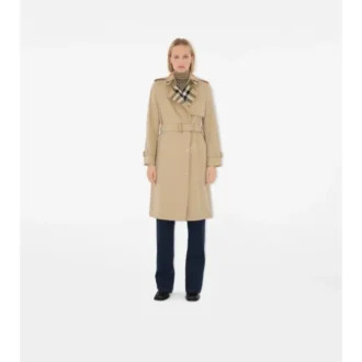 Trench Coat din gabardină cu guler în carouri