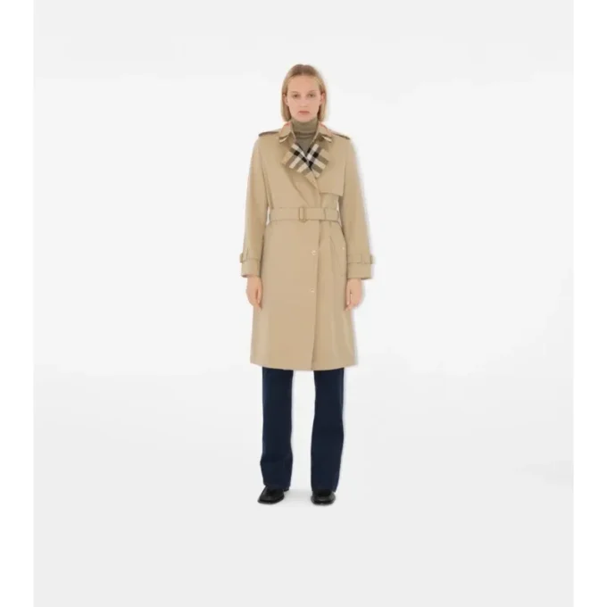 Trench Coat din gabardină cu guler în carouri Trench Coat din gabardină cu guler în carouri