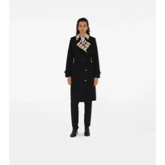 Trench Coat din gabardină cu guler în carouri