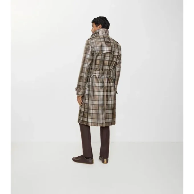 Trench Foxfield lung, cu imprimeu în carouri și efect de rafie Trench Foxfield lung, cu imprimeu în carouri și efect de rafie