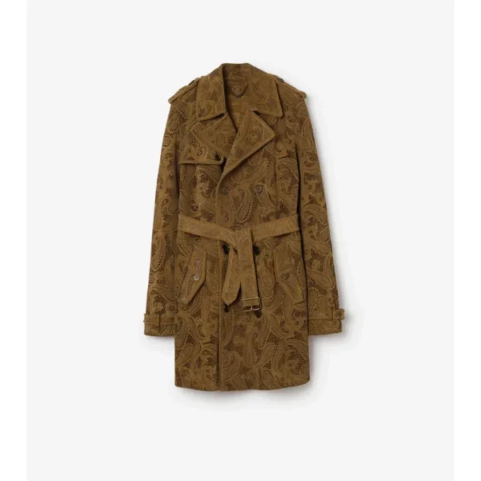 Trench Lawshall din piele de căprioară cu imprimeu Paisley, de lungime medie