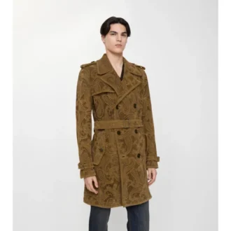 Trench Lawshall din piele de căprioară cu imprimeu Paisley, de lungime medie