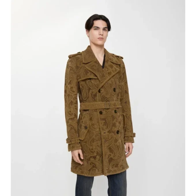 Trench Lawshall din piele de căprioară cu imprimeu Paisley, de lungime medie