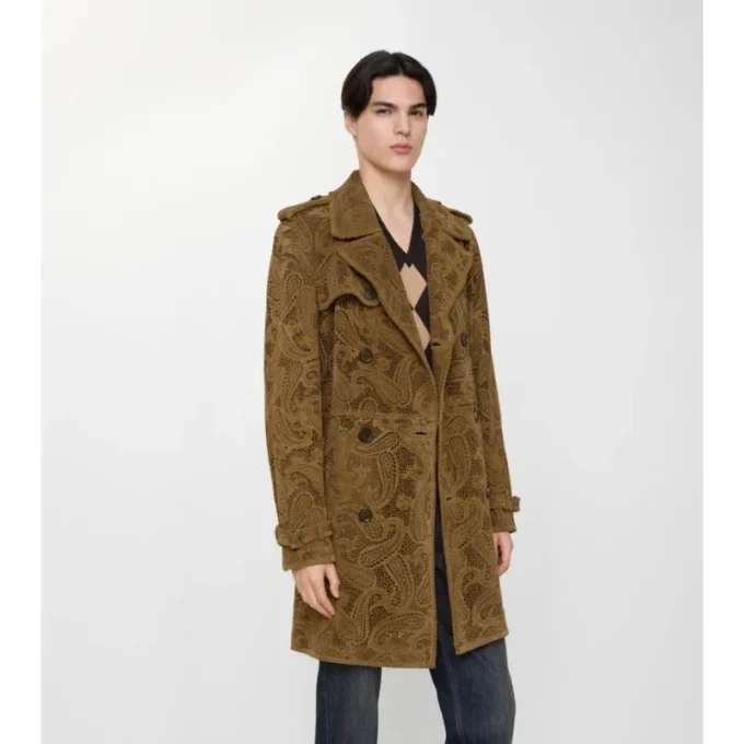 Trench Lawshall din piele de căprioară cu imprimeu Paisley, de lungime medie