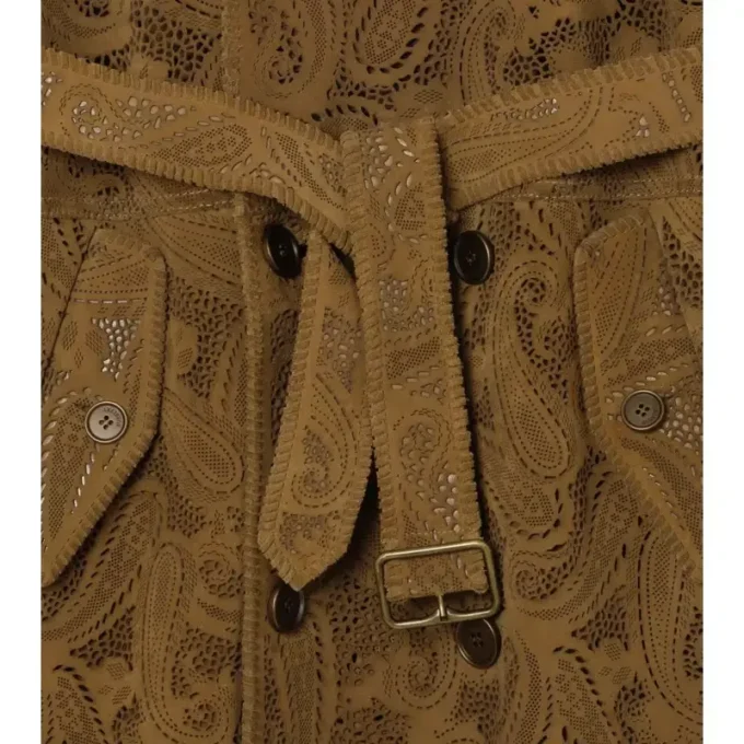 Trench Lawshall din piele de căprioară cu imprimeu Paisley, de lungime medie
