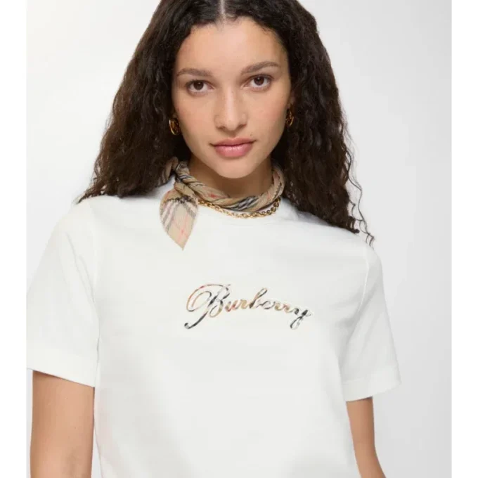 Tricou din bumbac cu logo cursiv în carouri Tricou din bumbac cu logo cursiv în carouri
