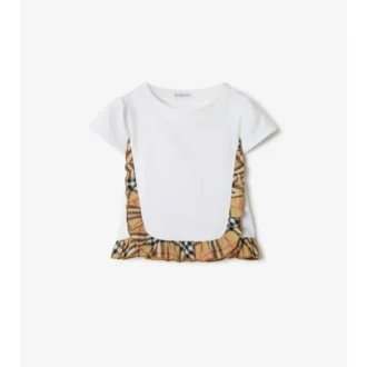 Tricou din bumbac elastic cu volane în carouri