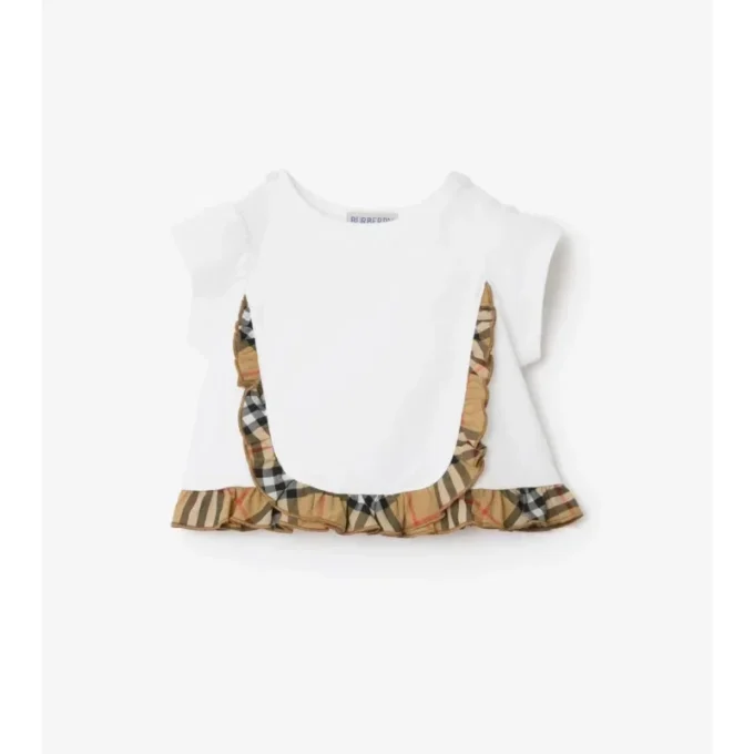 Tricou din bumbac elastic cu volane în carouri Tricou din bumbac elastic cu volane în carouri